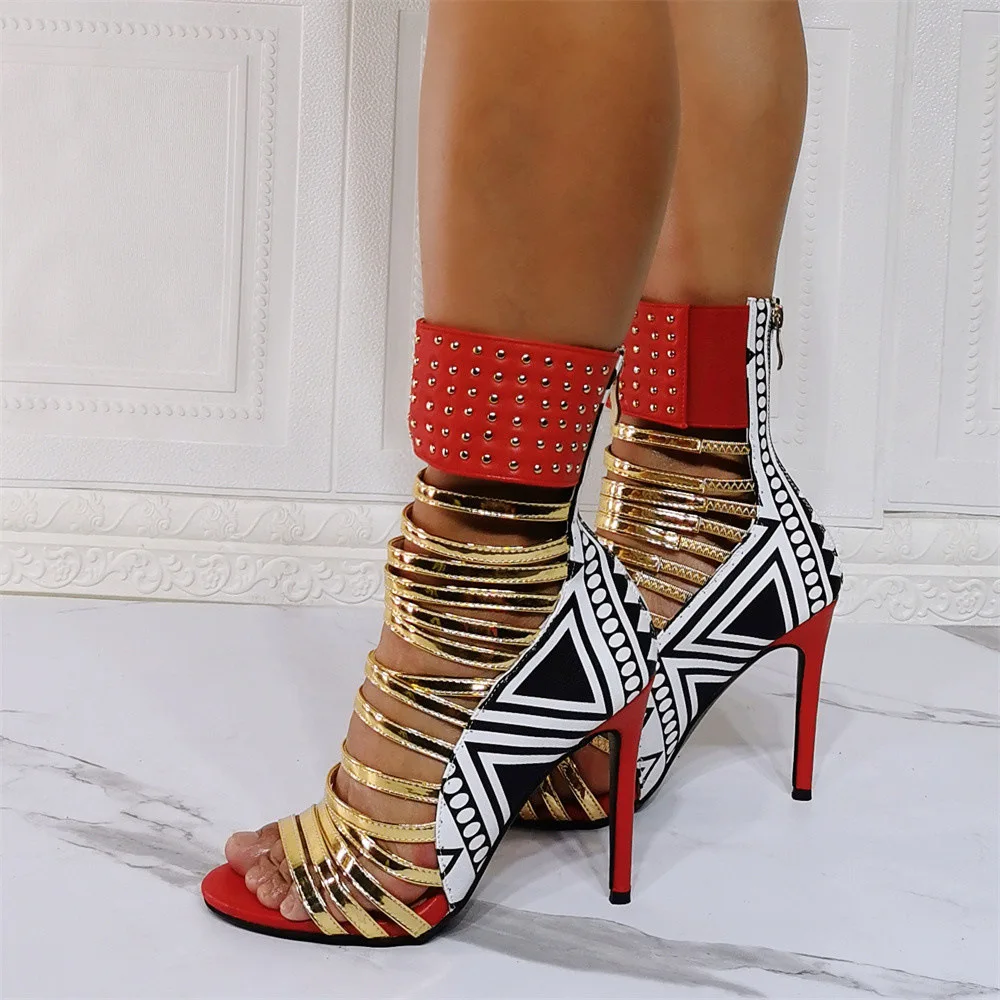 Mixed Colors Sexy Peep Toe Woman Boots Sandal Front Gold Strappy Hollow Out Ankle Rivets Sandals 12CM Nightclub Dance High Heels