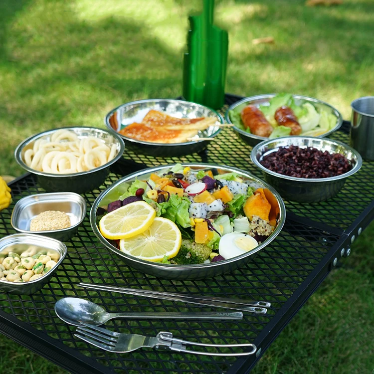Online Top Seller Hot Portable 22PCS Stainless Steel Bowl Dish Kit Outdoor Camping BBQ Dinnerware Set