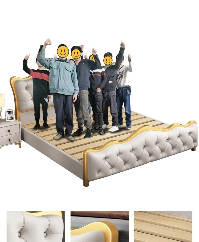 Luxury King Size Modern Leather Bed with Gold Stainless Steel Frame High Double Bed Upholstered Leather Headboard