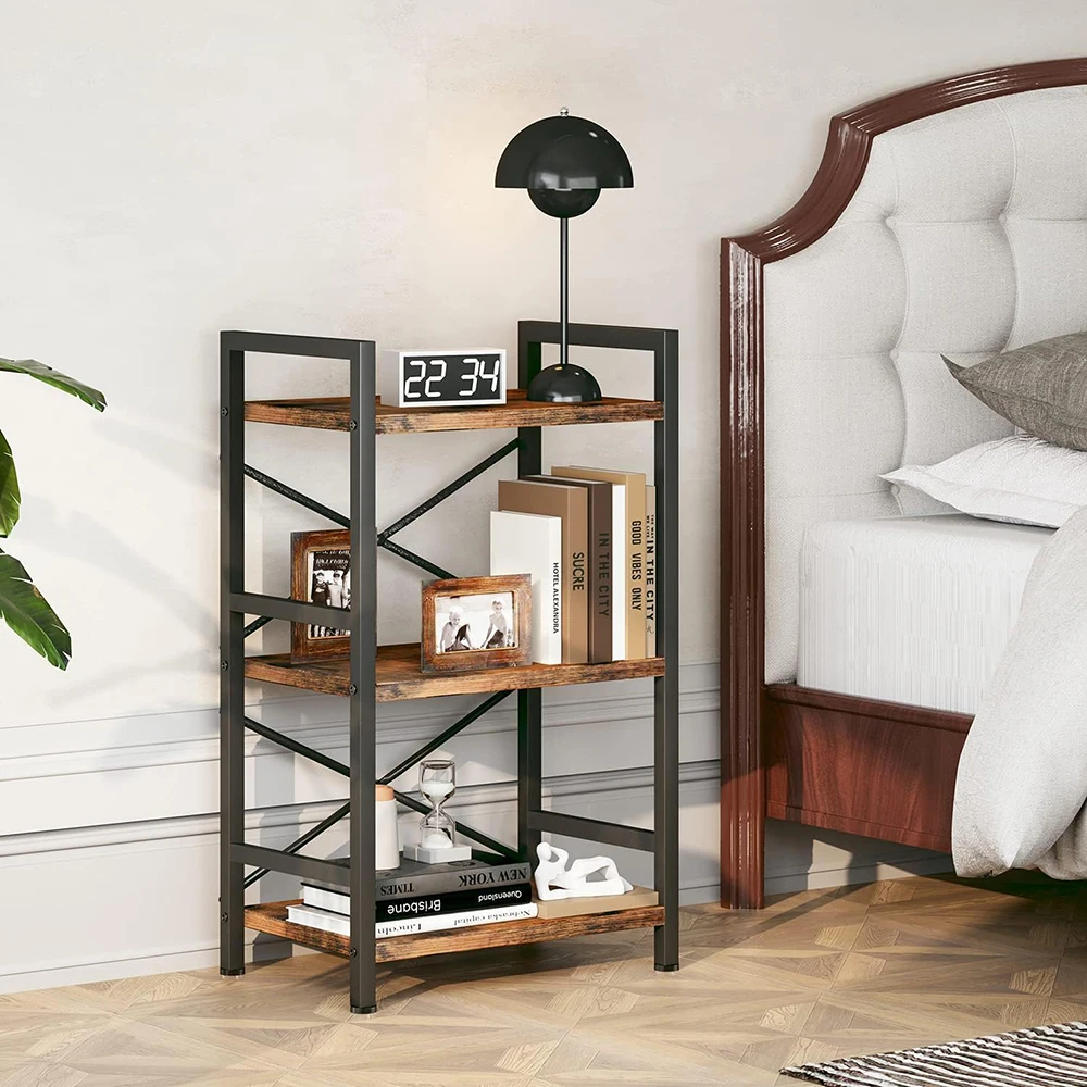 product 3 tier wooden industrial bookcase rustic etagere book shelf storage organizer living room bedroom home office hotel rustic-7