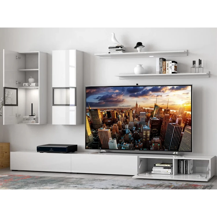 Wholesale white high glossy UV led new latest design elegant 75 inch tv floor mounts tv stands sets