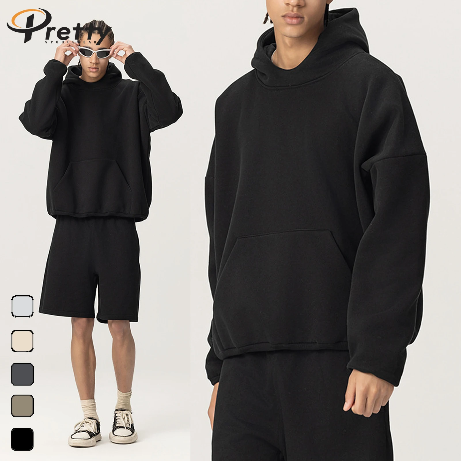 400G Pure Cotton Heavy Weight Comfultable Soft Hoodie Streetwear Men's Loose Hoodies High Neck Sportswear For Men Solid Jacket