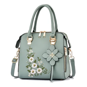 2022 cute big fashion shoulder bags women ladies green floral embroidery designs leather womens hand bags women's tote bags