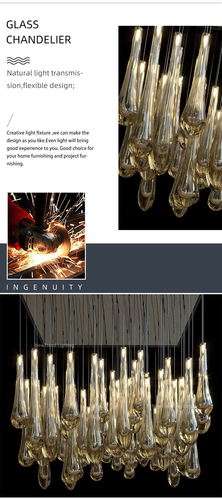 CPL-378 Contemporary Indoor Decoration LED Lighting Hall Hotel Lobby Bespoke Glass Ceiling Led Chandelier details