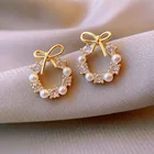 Pearl Earrings Luxury Statement Women Cute Rhinestone Bowknot Circle Hoop Fresh Water Pearl Stud Earrings