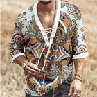 Man Clothes New Men's Chest Lace-up Short-sleeved Printed Shirt Casual V-Neck Mens Dress Shirts