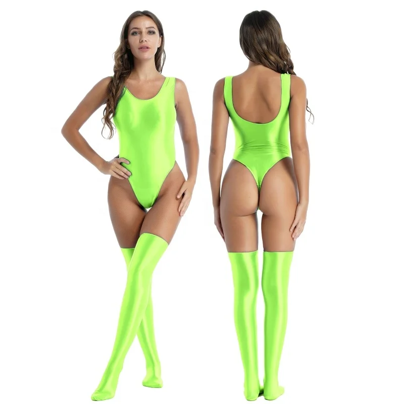 Women Shiny Glossy Stretchy Sleeveless High Cut Lingerie Bodysuit with Stockings Swimsuit Nightwear