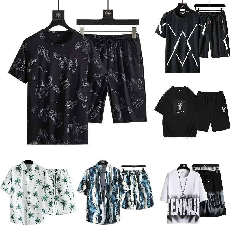 2024 New Arrival Summer Two Piece Set Printed Men's Tracksuit T-Shirt Shorts Set Round Neck Breathable Casual Wear Sports Sets