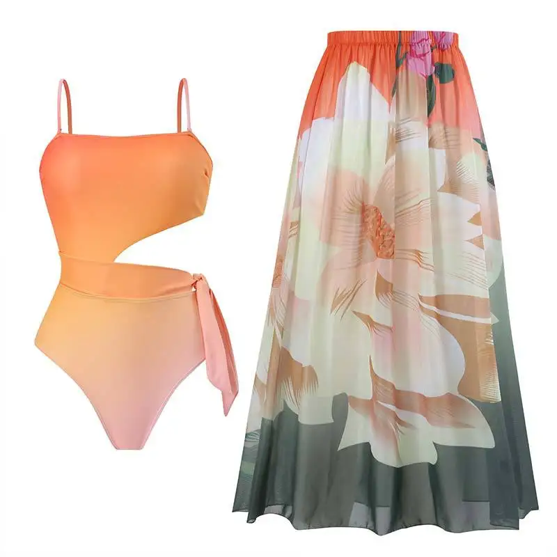 New Arrival Ladies Gradient Color Tight Slim Retro Strap Hollow One-Piece Swimsuit Chiffon Skirt Swimsuit Set