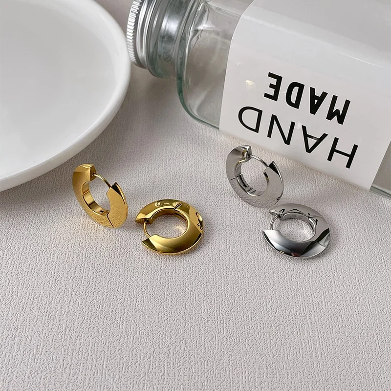 18K Gold Plated Stainless Steel Jewelry Flat Round Circle Huggie Hoop INS Accessories Earrings E211334