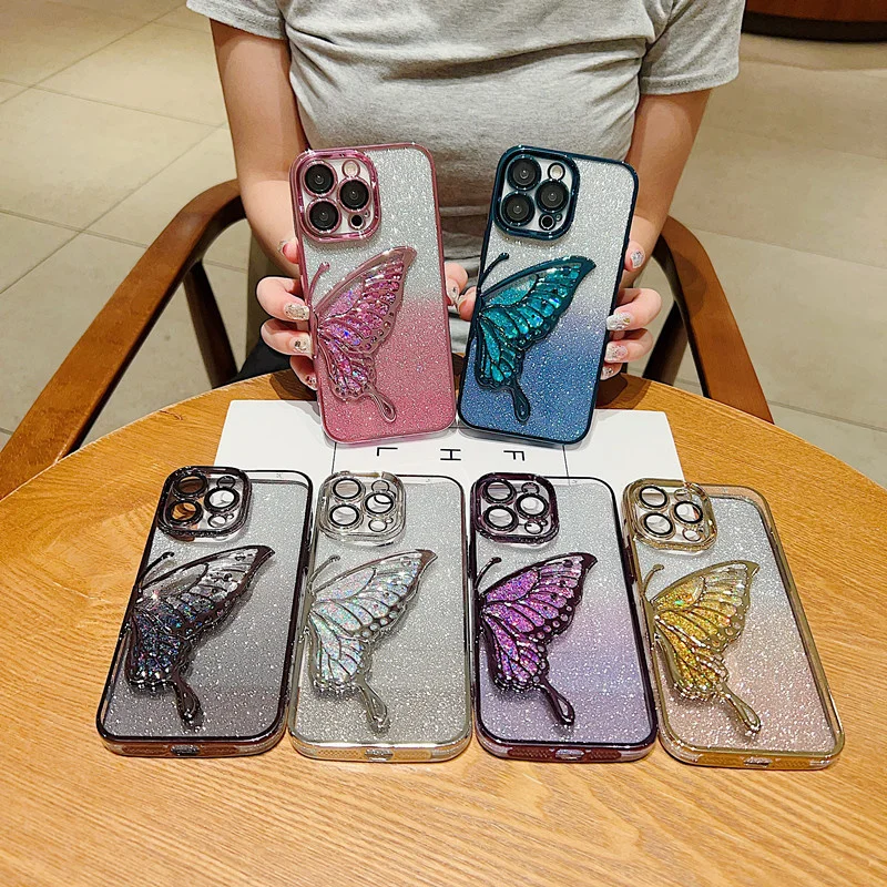 Luxury Electroplated Butterfly Phone Case For iPhone 15 14 13 12 11 Pro Max With Gradient Glitter Paper Clear Shell