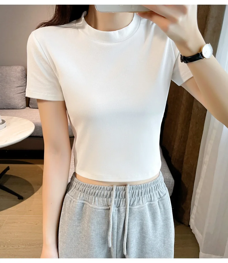 Cotton Spandex Crew Neck Summer Plain Women Crop Tops Tight Tees