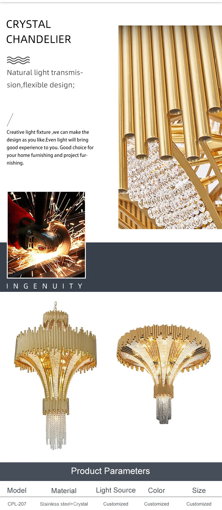 CPL-207 Modern Design Interior Decoactive Light Custom Hotel Restaurant Luxury Metal Crystal Chandelier manufacture