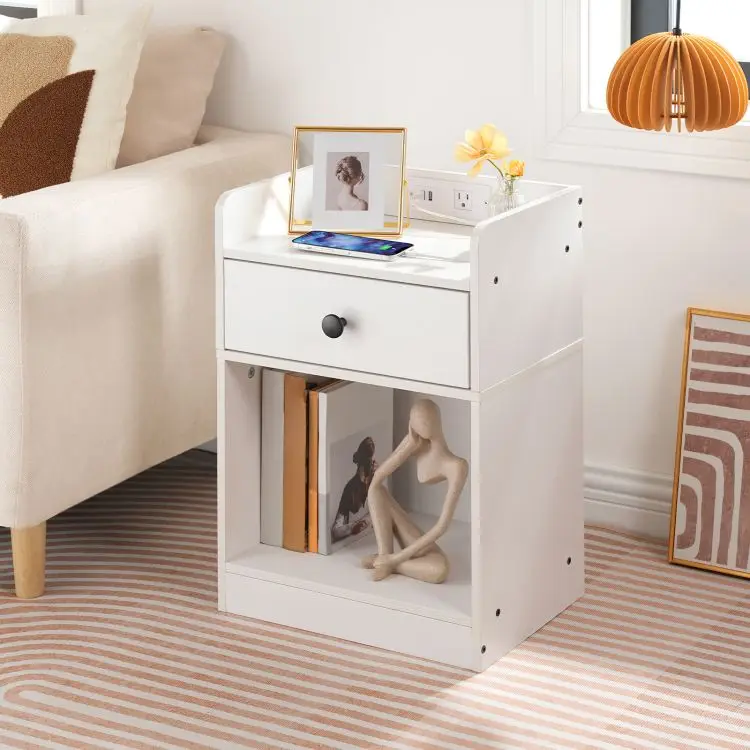 Modern White Wooden 1/2 Drawer Bedside Table Wooden Nightstand Bedside Table With Charging Station And Usb Ports For Bedroom