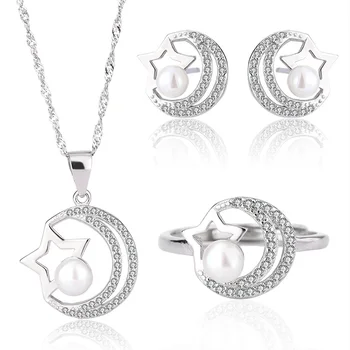 Women luxury fine jewelry gift 925 silver ring moon star pearl pendant necklace earrings set