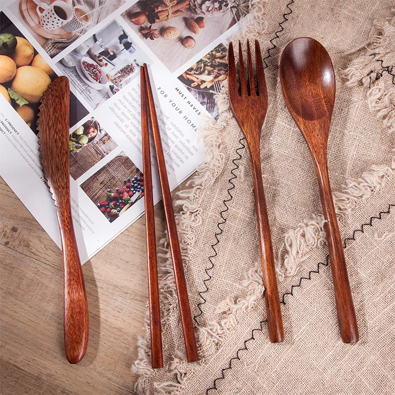 Dinnerware Utensils Flatware Set  - Fork, Spoon, Chopsticks Wooden Kitchen Travel Cutlery Set With Portable Pouch