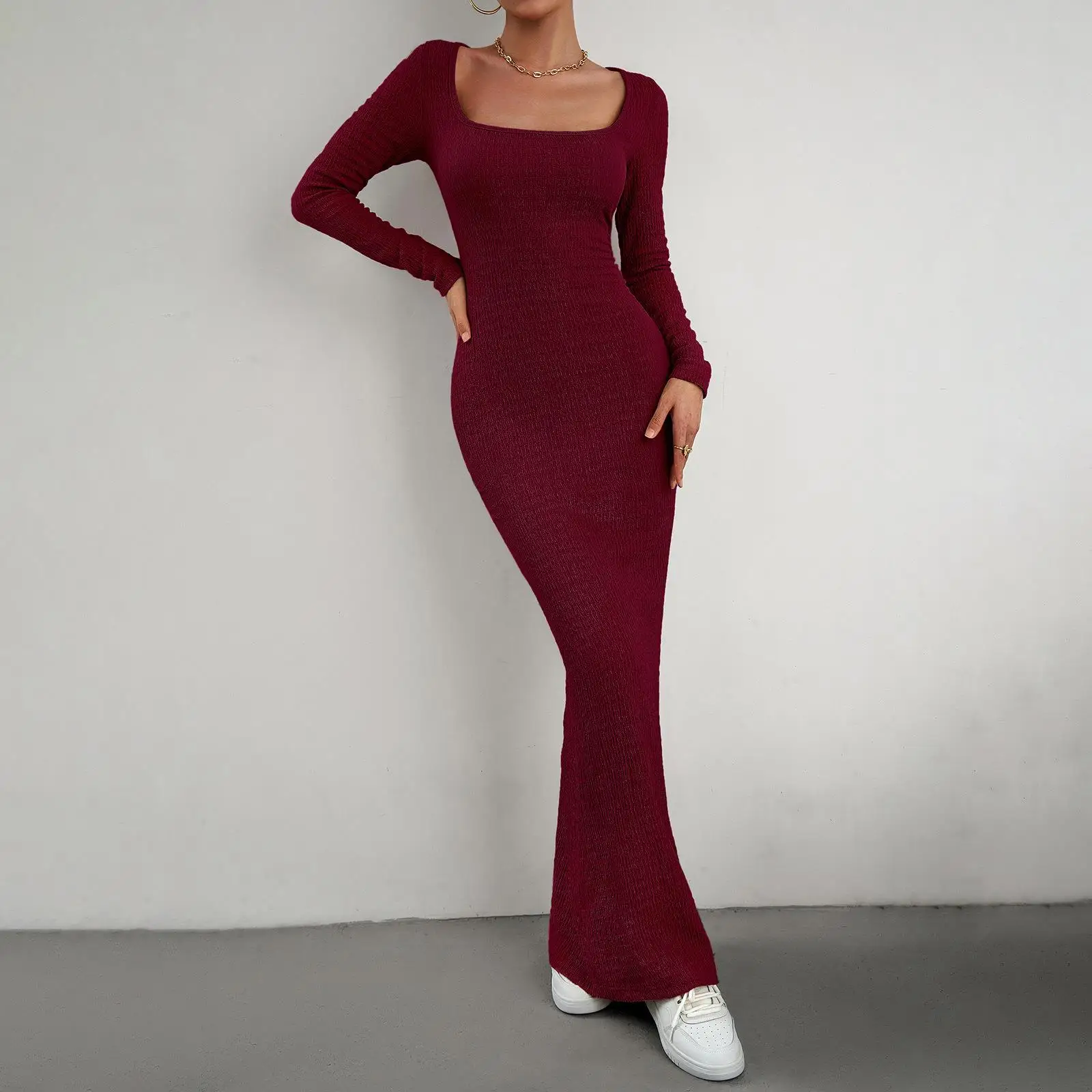 2024 new Full Sleeves Maxi Dress Women Lady Elegant Casual Fall Long Dress Solid Color Scoop Neck Dupe Skims Bodycon Dress