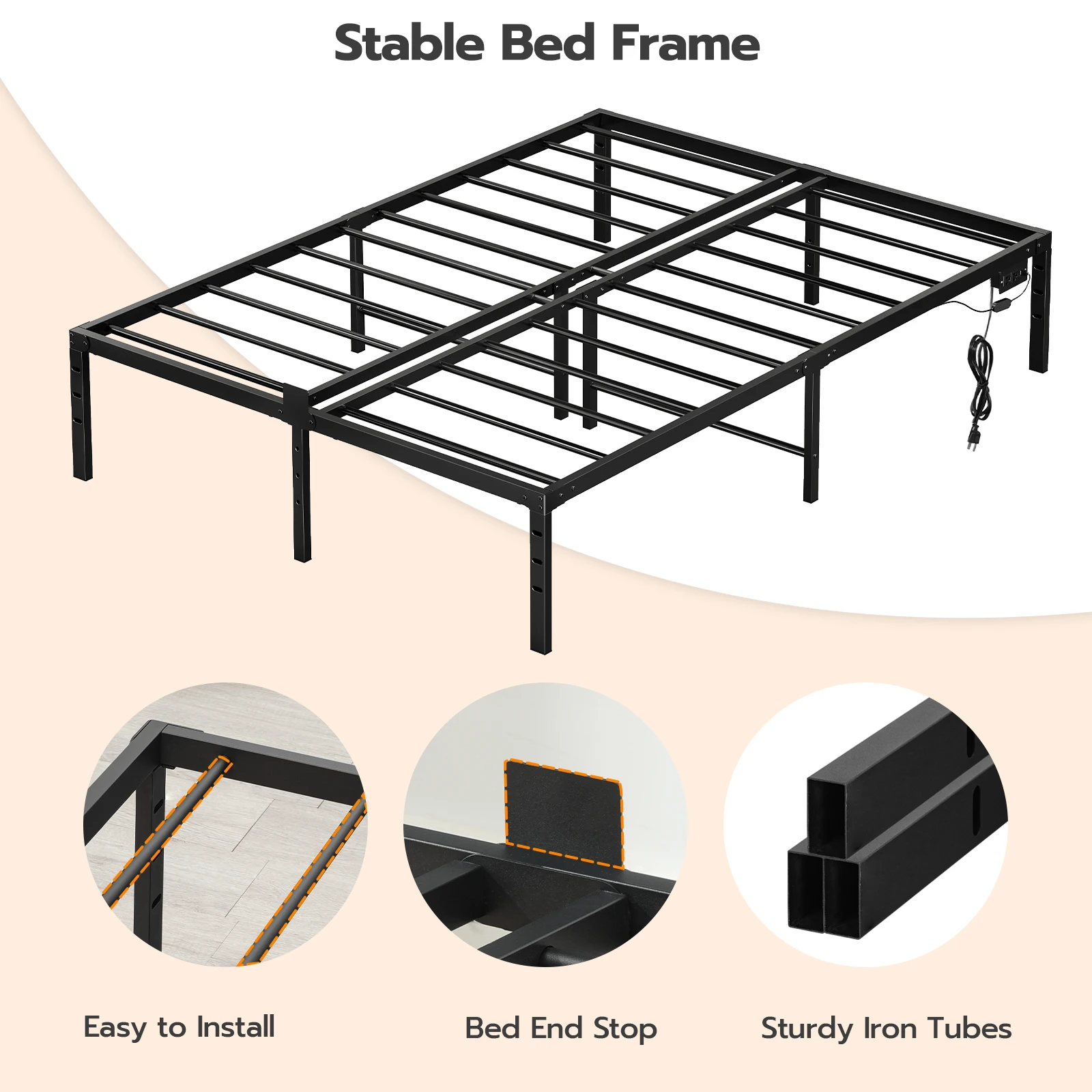 Wholesale Durable Bed Frames Queen Size Bed Base Full Size Double Twin Bedframe with LED Light Strip, Outlets and USB Ports