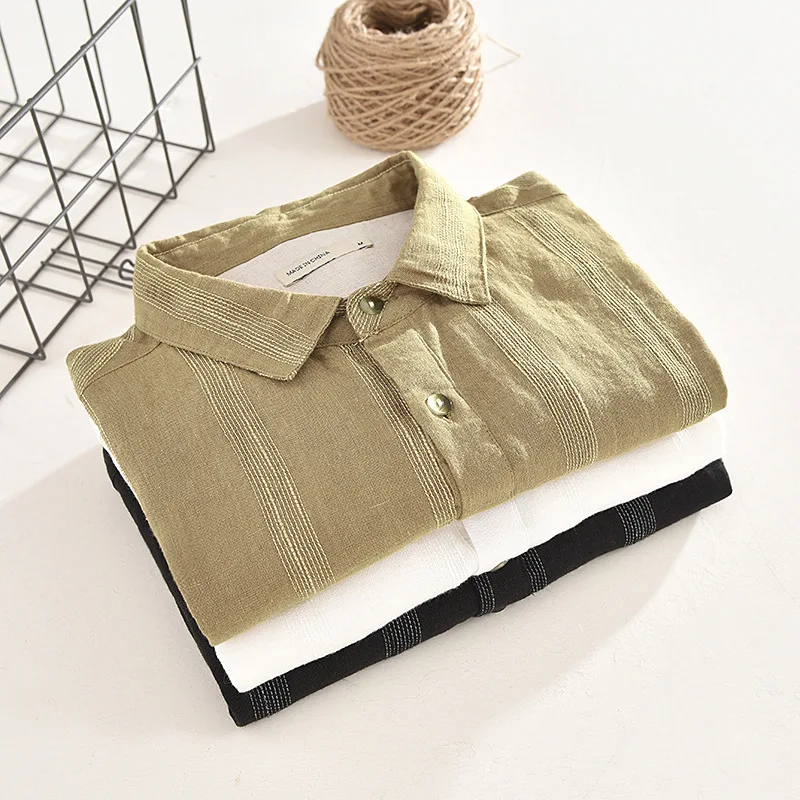 Custom High Quality Summer Half Sleeve Button Retro Breathable Pocket Stripe Linen Short Sleeve Shirts for Men