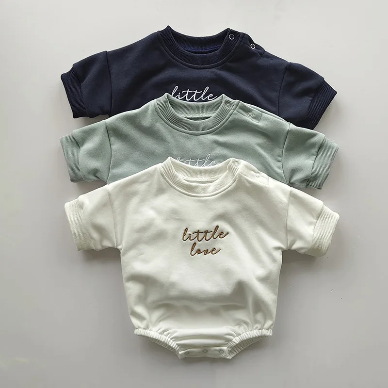 Unisex Baby Boy Girl Solid Color Short Sleeve Romper Alphabet Embroidery T-Shirt Romper Bodysuit