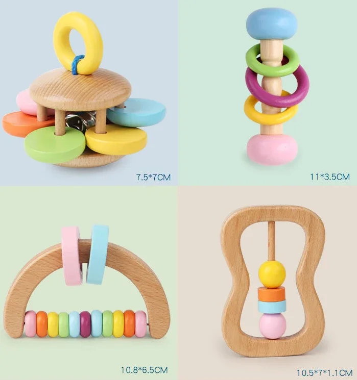 4-teiliges Bio-Babyrassel-Set aus buntem Holz in Lebensmittelqualität, Rassel, Schnuller, Armband, Beißring-Set, Montessori-Kleinkindspielzeug-Lieferant