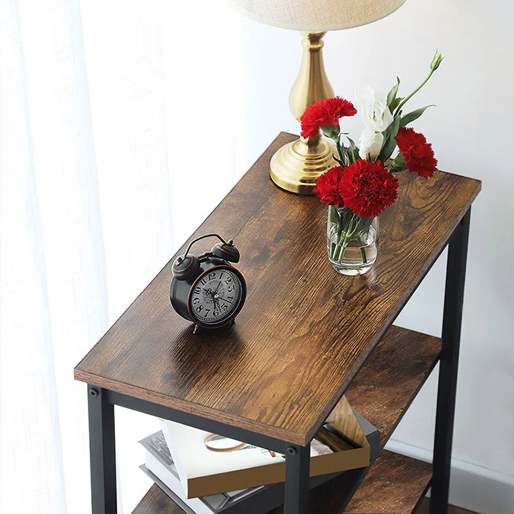 Wholesale Industrial Style Brown Three Tier Side Table with Shelves Narrow Bedside Table Small Sofa End Table for Living Room