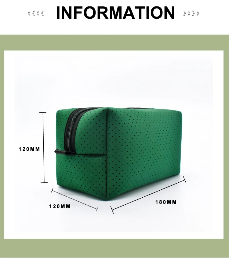 Portable waterproof makeup pouch design Portable neoprene cosmetic bag displayed with handle and compact form