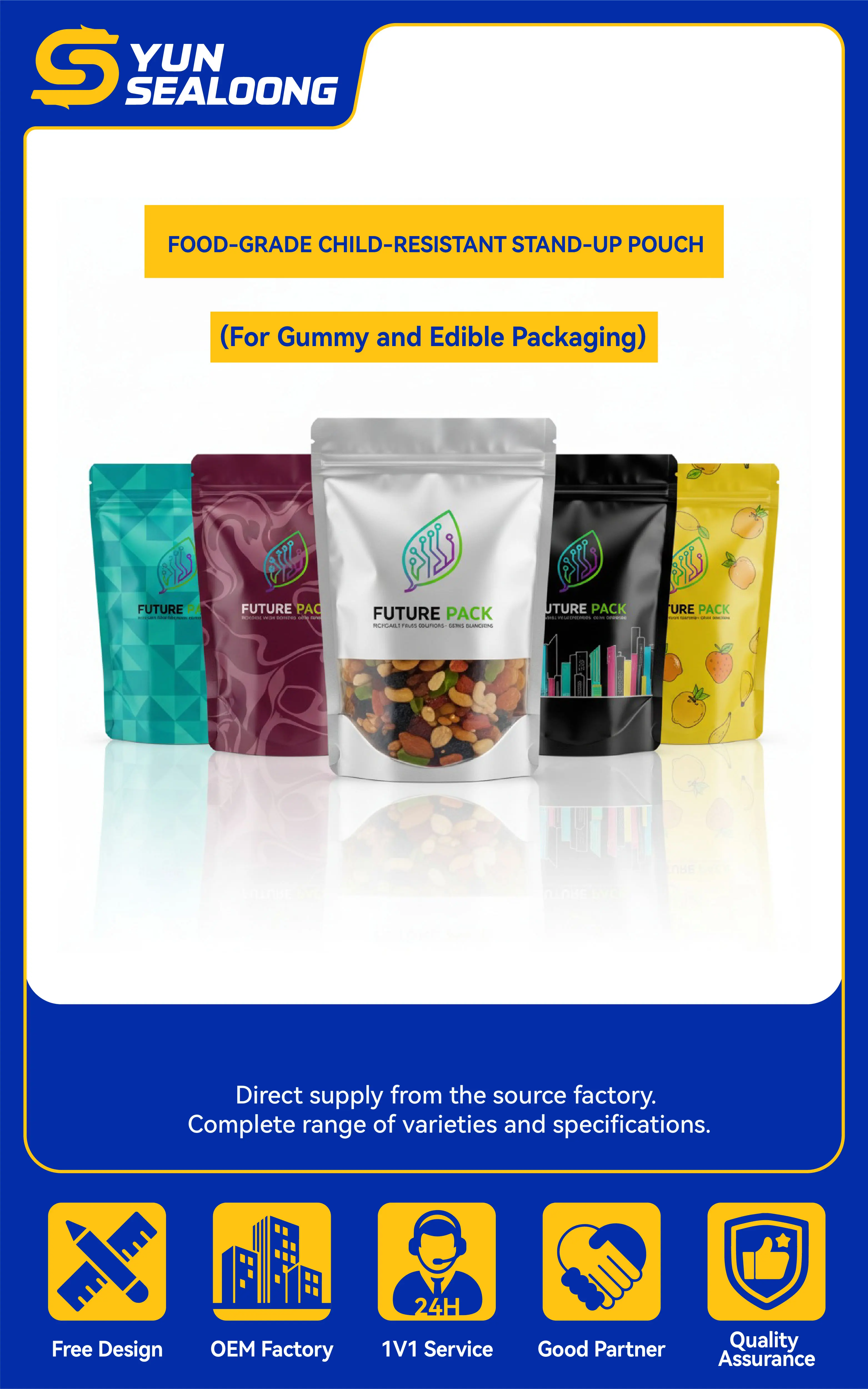 Custom Printed Food-Grade Child-Resistant Stand-Up Pouch for Gummy and Edible Packaging