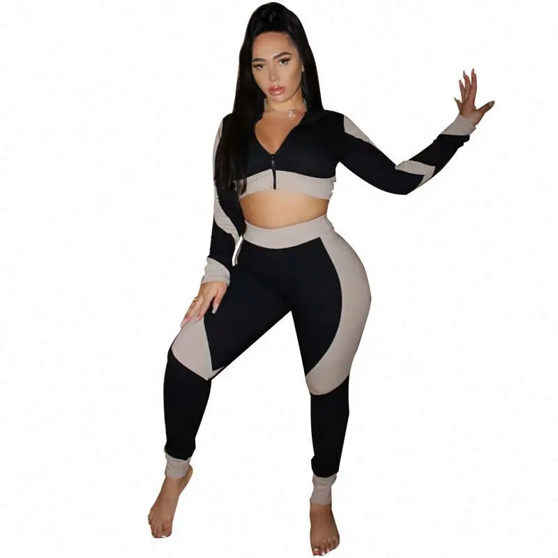 2023 New arrival Two Piece Set Tight Buttock 2020 Fall Fashion Woman Clothes Round Neck Crop Top High Waist Pants Two Piece Set