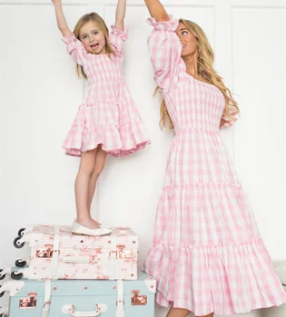 Summer Mother Daughter Matching Dresses Pink Grid Spring Family Look Mommy and Me Clothes Outfits Mom Mum Baby Women Girls Dress