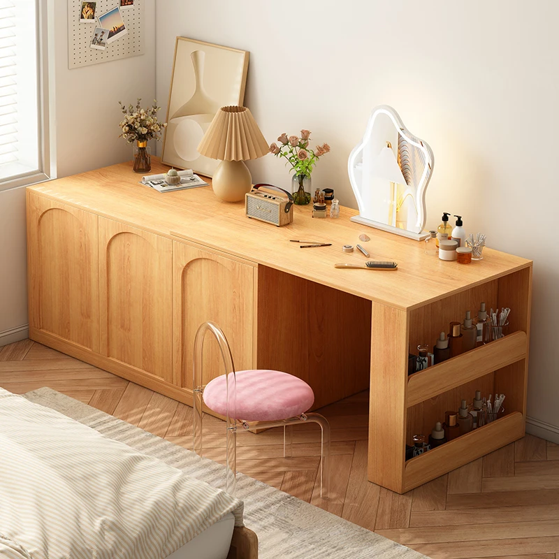 Modern dressing table White Oak Wooden Makeup Vanities for Bedroom with Chair and Hidden Drawer