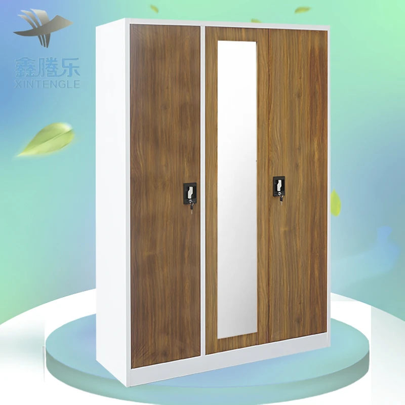 Modern 3-Door Metal Wardrobe Godrej Steel Almirah Closet Cheap Iron Armario De Metal Bedroom Furniture Almari Baju Dewasa