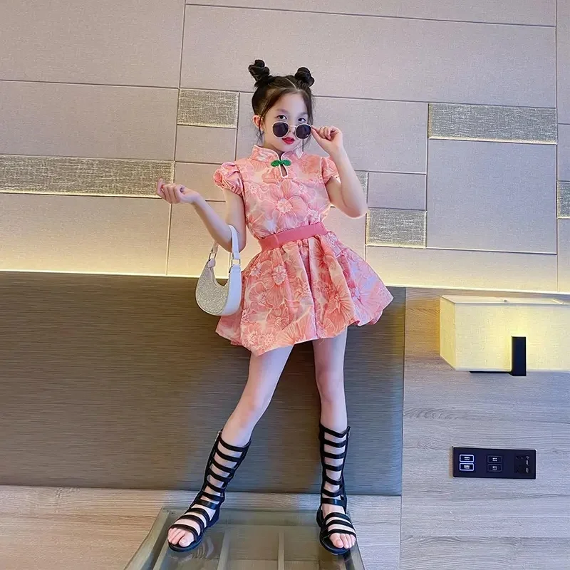 Wholesale high quality girls short set 2024 summer new chic 13-year-old girls clothing loose straight tube two-piece set