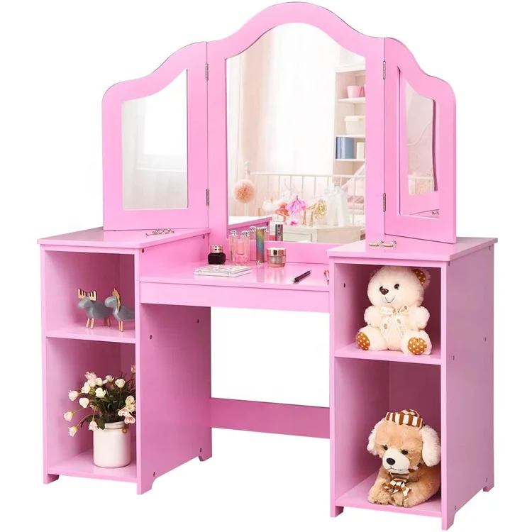 pink wood design kids vanity 2 in 1 Princess Makeup Desk Dressing Table with mirror and storage Shelves