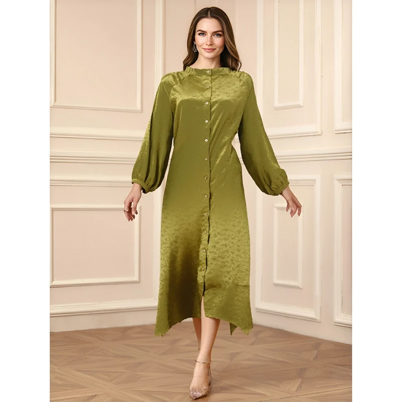 Muslim Arabian Fashion Floral Printing Stand Collar Bubble Sleeve Shirt Two-piece Set Modest Dress details