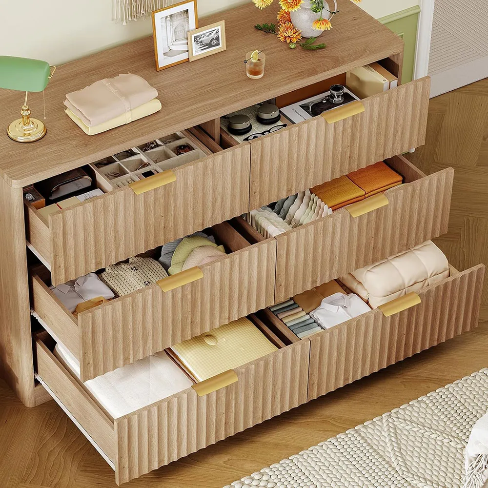 product modern 6 drawer wide fluted chest of drawers metal handles curved profile design wood material for bedroom living room storage-1