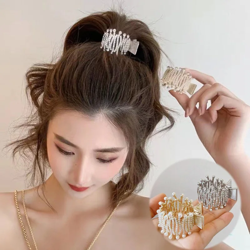 Fashion Luxury Rhinestone Pearl High Ponytail Alloy Matte Hair Clamps Women Hair Accessories Small Hair Claw Clips