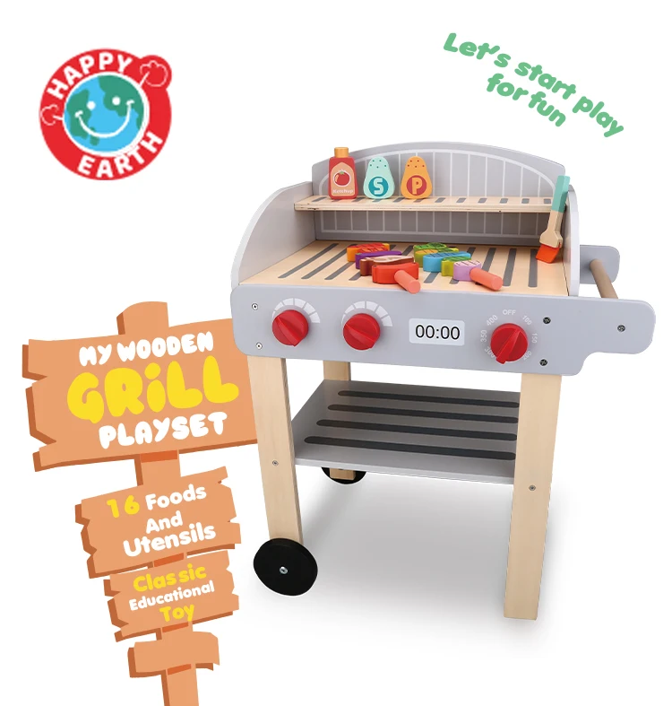 happy earth wooden bbq grill toy set for kids pretend play cooking game educational kitchen simulation food toy-2