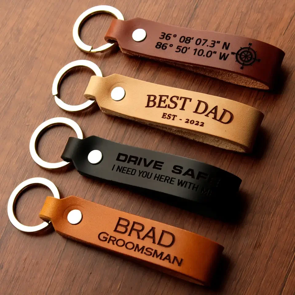 Hot Sale  Wooden Keychain Custom Laser Engraving Logo Keychains Leather  cell phone case belt l Car Key Chain Ring Loop