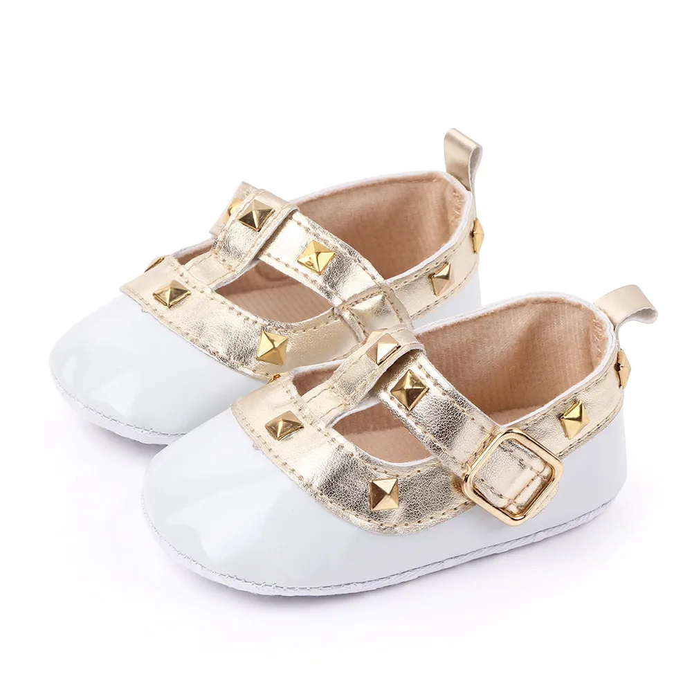 Bright Spliced Geometric Metal Decorated Baby Girls Pretty Princess Walking Shoes manufacture