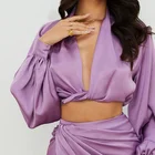 Women Women Satin Twist Cop Top Trendy Sexy Deep V Neck Lantern Sleeve Women Fashion Top Custom