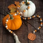 Wood Bead And Woodwood Wood Art Decor Farmhouse Wood Bead Garland With Tassels And Pumpkin Pendant