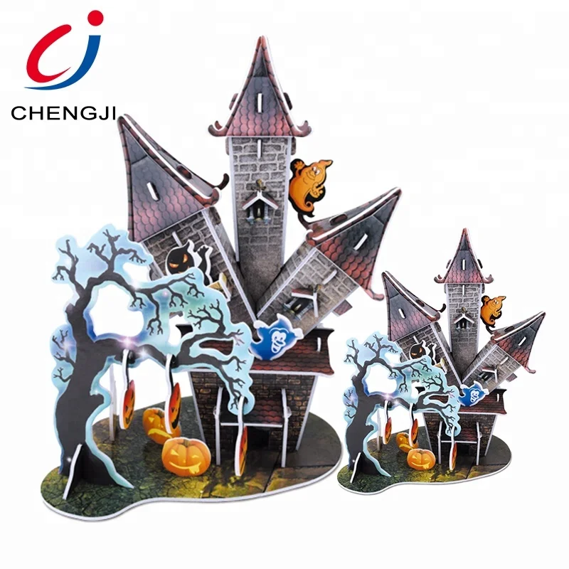 Trending christmas puzzle gifts halloween castle tree house snow cottage 3d cardboard eva jigsaw puzzle toy