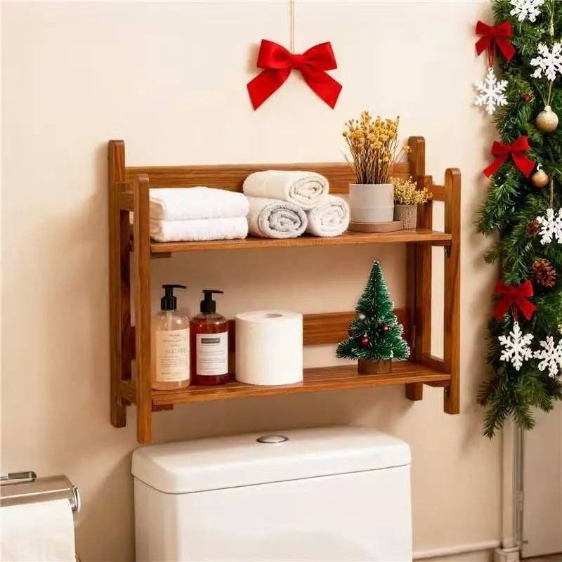 product acacia wood bathroom shelf 2 tier foldable wall mounted over toilet storage waterproof countertop space saving kitchen organizer-3