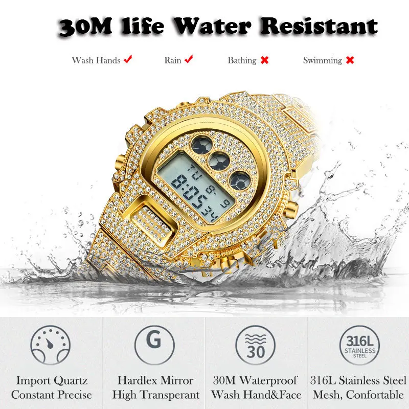 Fancy Bling Diamond LED Digital Watch Alloy Digital Watches For Men Fashion Multifunction Electronic Watch