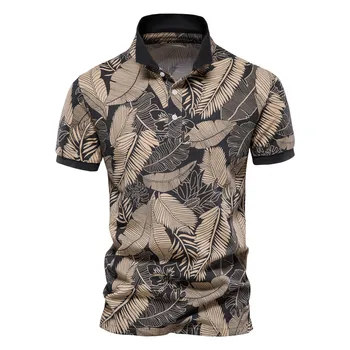 Hawaii Style Polo Shirts for Men 100% Cotton Short Sleeve Quality Leaf Printed Men's Polos T-shirts Summer Men Clothing