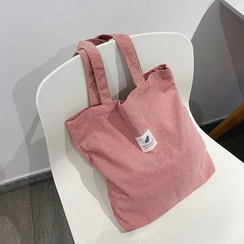 Eco Friendly Reusable Girls Small And Large Shopper Corduroy Totes Shoulder Bags With Custom Printed Logo