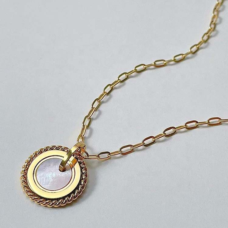 18K Gold Plated Stainless Steel Jewelry Oval Chain Twist Metal Round Card Shell Pendant Accessories Necklaces P223289