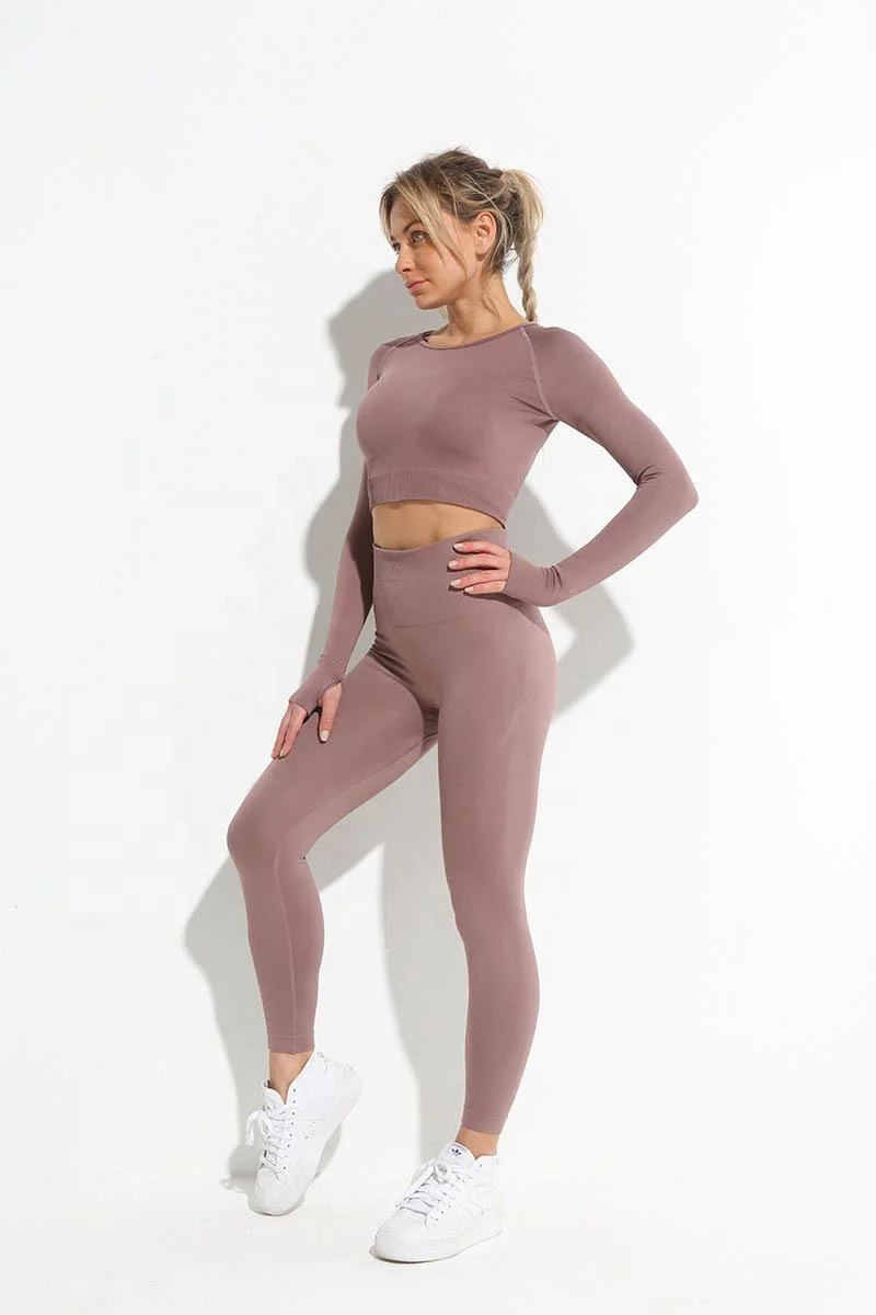 Seamless Ribbed Long Sleeve Top Tank Quick Dry Workout Sets For Women 2-Piece High Waist Yoga Set