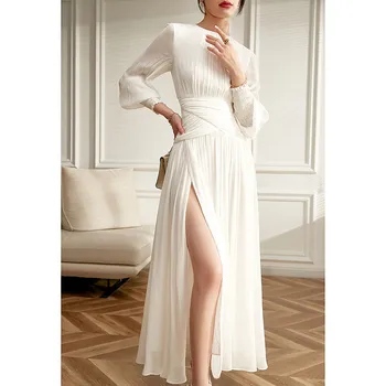 Wholesale 2022 Summer New French Hepburn Style Fashion Dress Female Niche Design High-end Waist Slit Long Women's Dresses